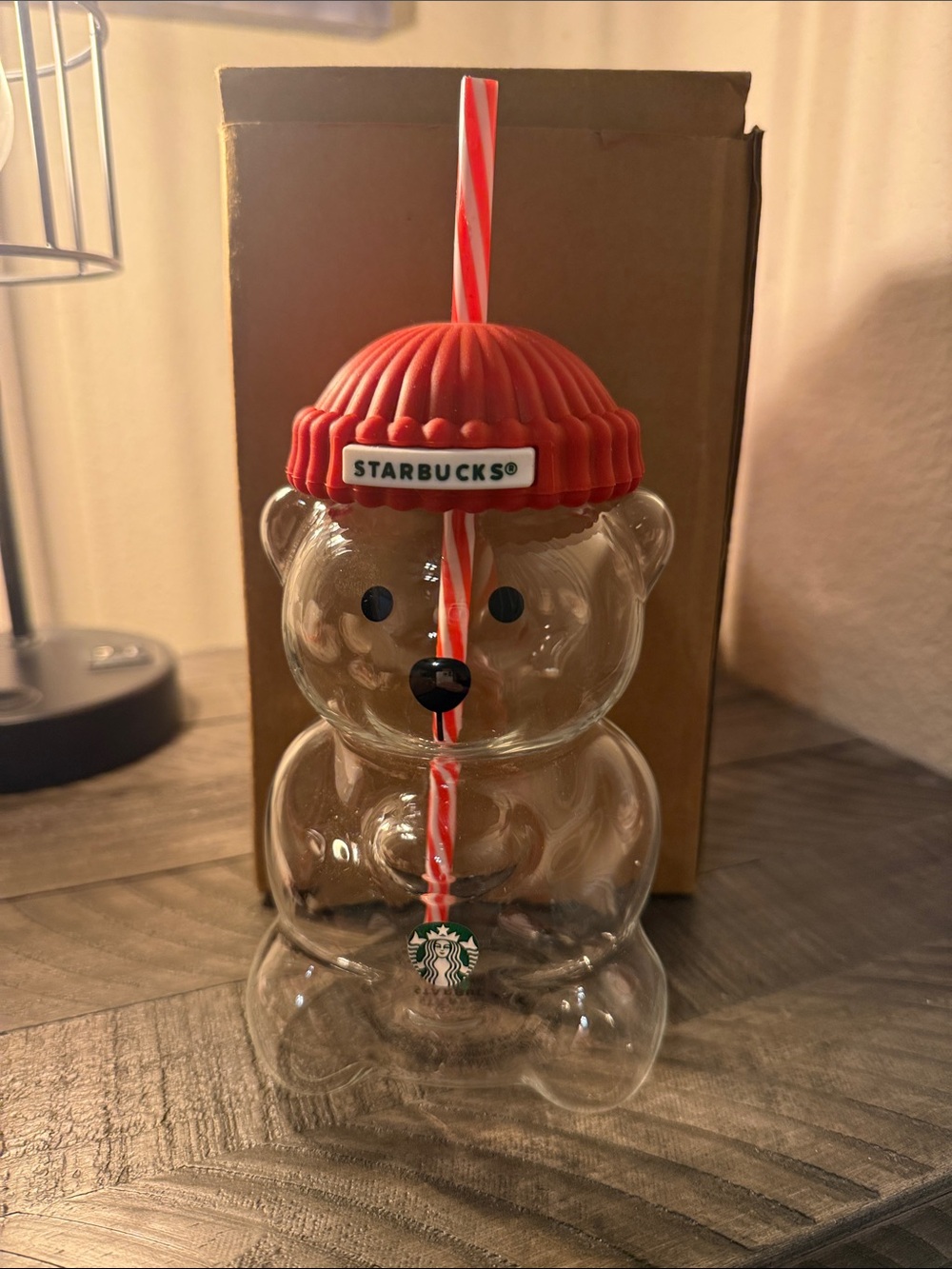Starbucks Glass Clear Bear Cup with Red Beanie Lid and Red-White Straw